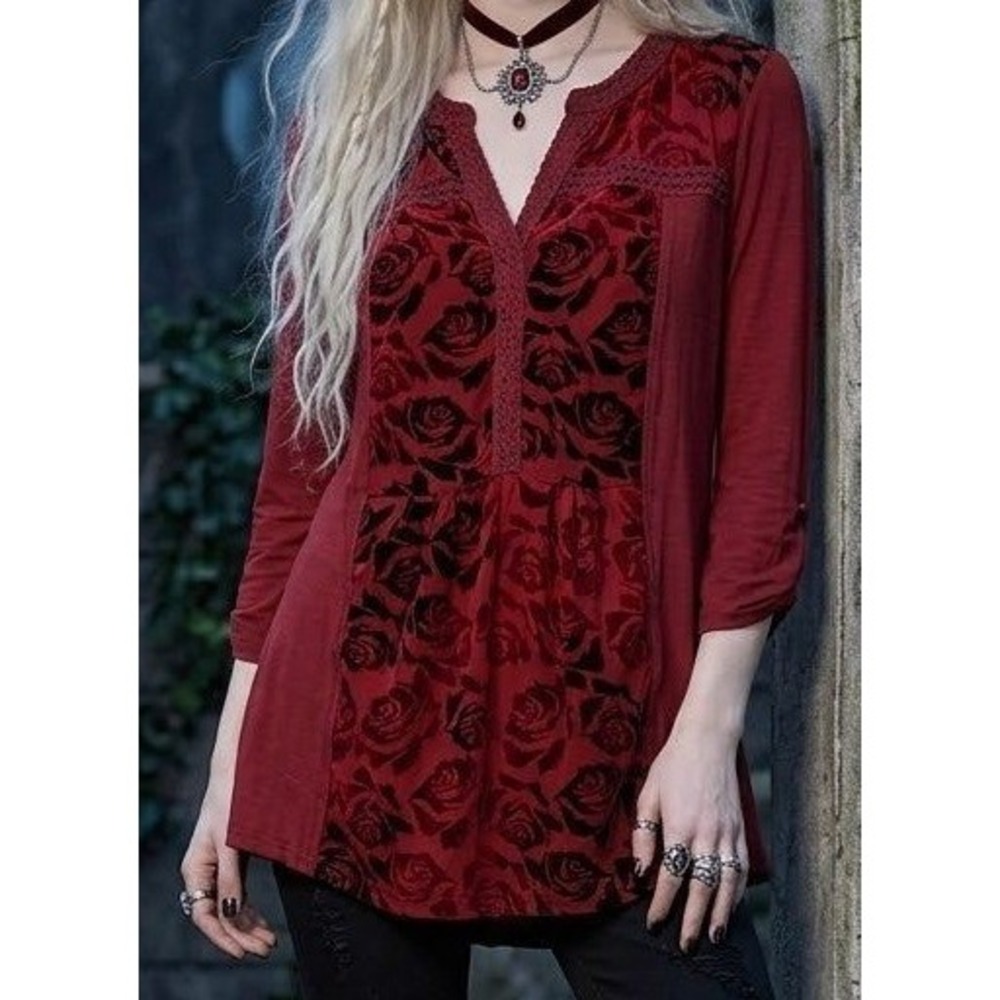 Velvet Burnout Rose Lace Trim Tunic Top Sz M Burgundy Gothic Witchy Whimsigoth